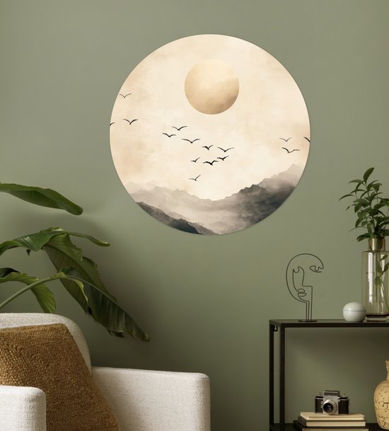 WallCircle® - Cercle de papier peint 50x50 cm - Stickers muraux Paysage - Japandi - oiseau - Cercle mural salon - Cercle mural chambre - Décoration de chambre autocollante - Accessoires de Décoration murale
