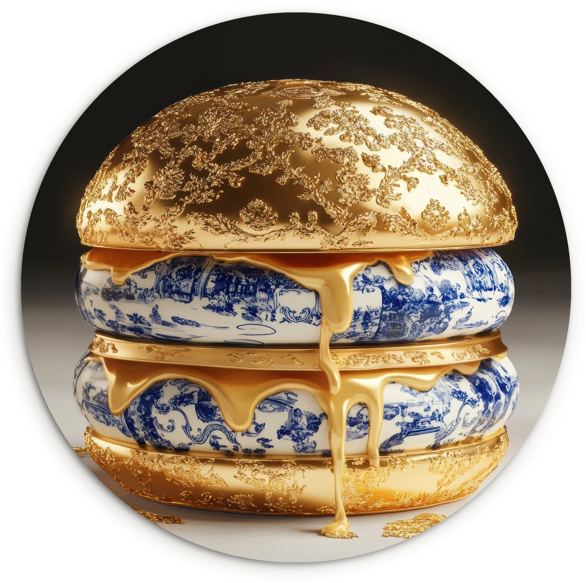 WallCircle Wandcirkel 150x150 cm - Muurcirkel Delftsblauw - Goud - Burger - Muurdecoratie woonkamer - Wanddecoratie slaapkamer - Kamer decoratie accessoires - Ronde schilderijen Goud - Burger - Delftsblauw