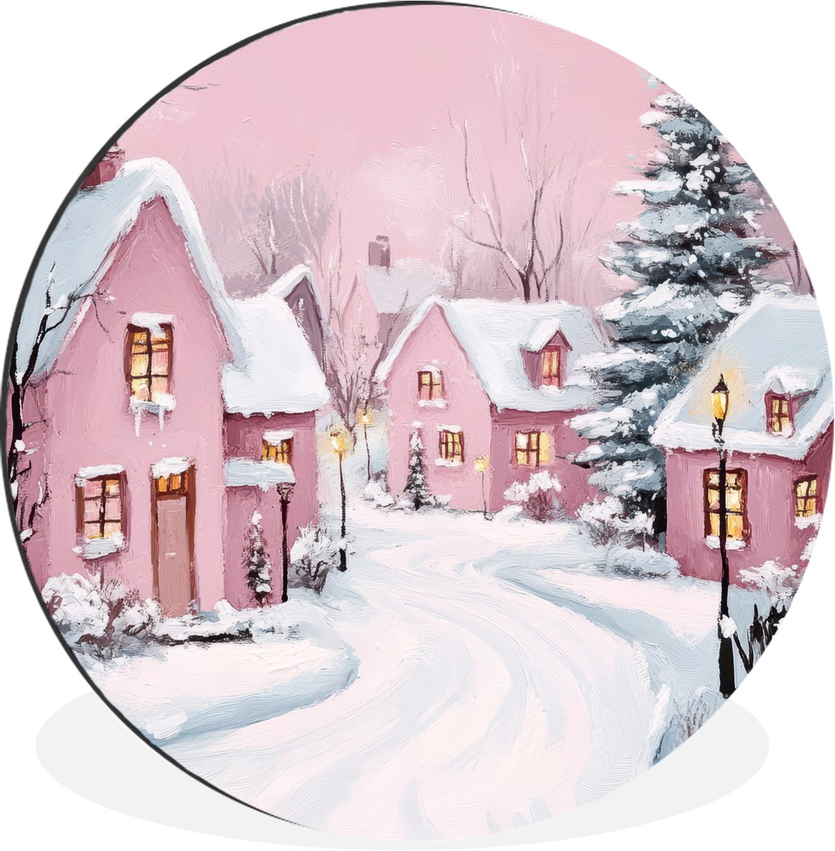 WallCircle Wandcirkel - Muurcirkel - Kerstdorp - Roze - Winter - Sneeuw - Huizen - Aluminium - Dibond - 90x90 cm - Binnen en Buiten Dorp - Winter