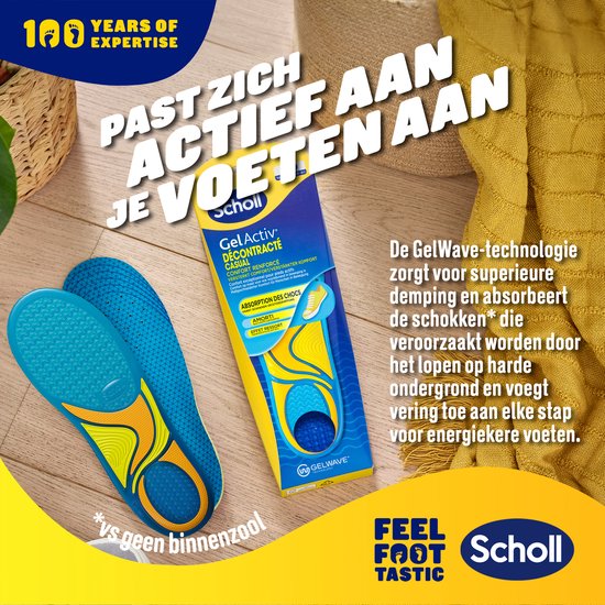 Semelles Scholl GelActiv bleues et jaunes offrant confort et amorti pour les pieds actifs.