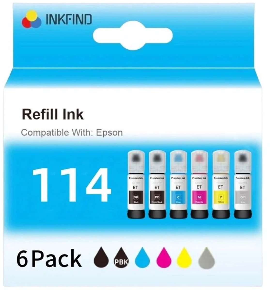 INKFIND 114 inkt geschikt voor Epson114 Epson 114 EcoTank 6-kleuren multipack voor Epson EcoTank ET-8500 Epson EcoTank ET-8550