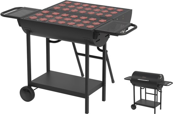 KitchenBrothers 2-in-1 Houtskool BBQ XL - Verstelbare luchtroosters - Dubbele BBQ - Zijtafels - Grillrooster BBQ - Zwart