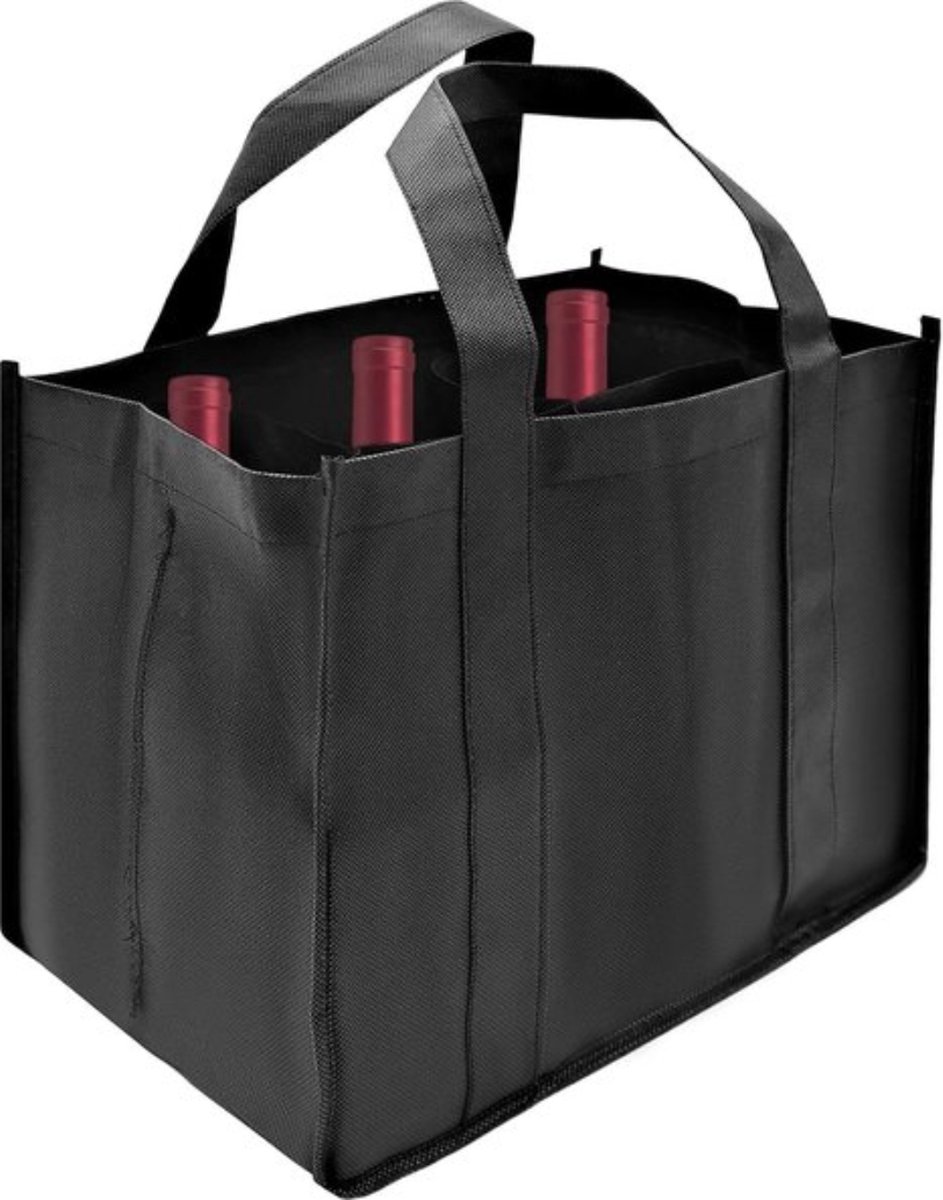 Flessentas 6 flessen draagtas met verdelers flessenmand voor 1,5 l flessen boodschappentas wasbaar 28 x 26 x 17 cm, zwart