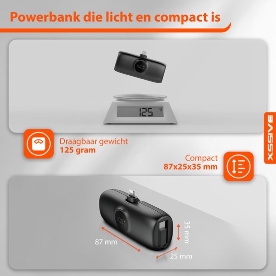 Mini Powerbank 5000 mAh - Compatible avec iPhone 14 Pro Max / iPad avec port Lightning - Chargeur rapide USB C 20 W intégré pour iPhone 16 Pro Max - Chargeur Fast 20 W - Compact et léger - Zwart