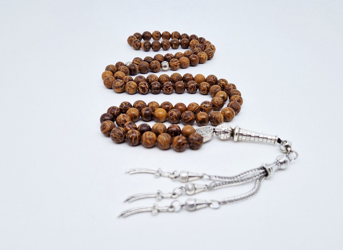 Handgemaakte tesbih "Tasbih" natuursteen "Jaspis van olifantenhuid" - Aantal kralen 99 - Diameter kralen 8MM - met metaal tassel "Zwaarden" - Een mooi cadeau-idee