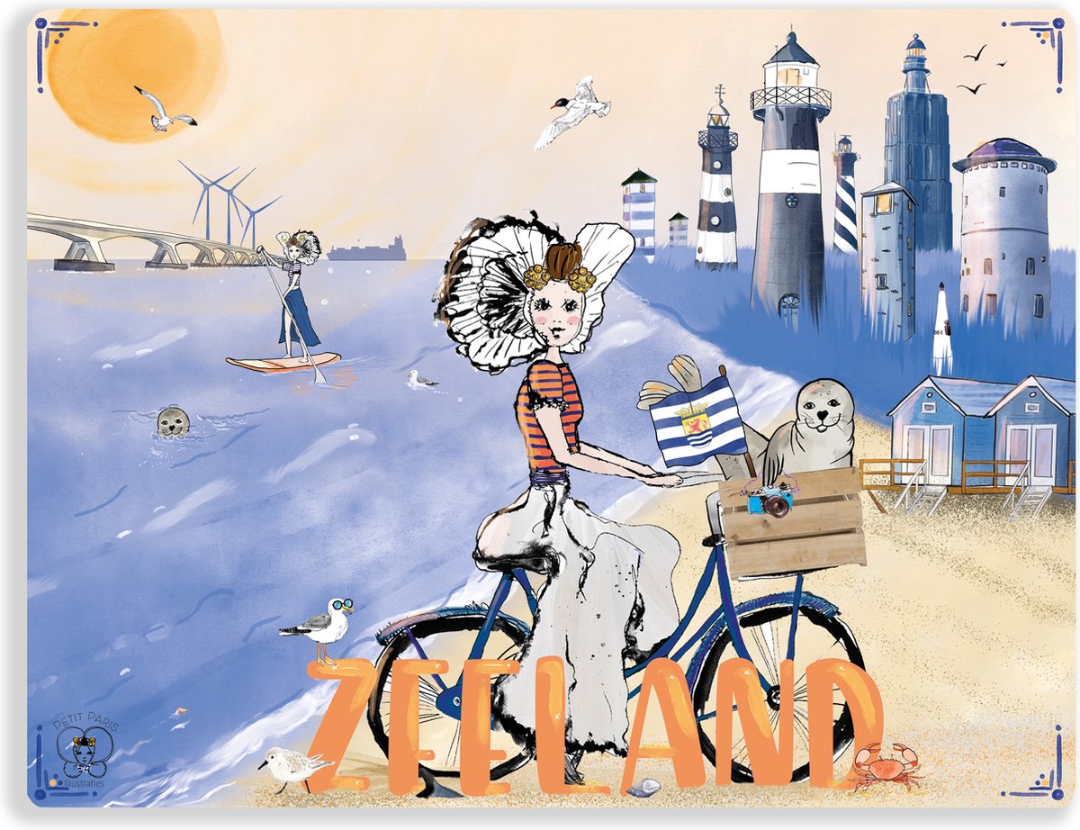 Set van 2 placemats – Delftsblauw – Zeeland souvenir – Zeeuws meisje strand – 32 x 42 cm