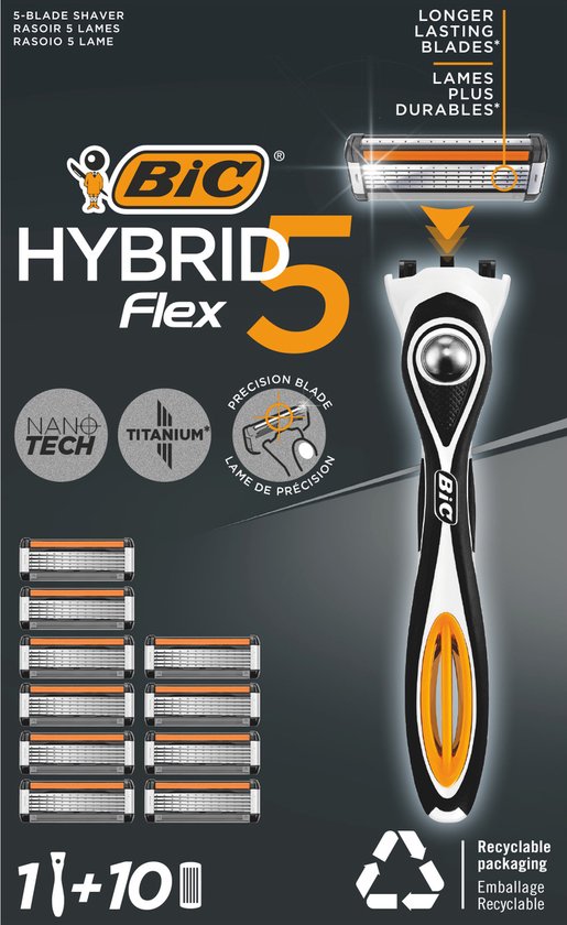 Boîte BIC Hybrid 5 Flex montrant le rasoir, 10 cartouches de 5 lames en titane, 'Nano Tech' et 'Precision Blade'.