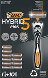 Boîte BIC Hybrid 5 Flex montrant le rasoir, 10 cartouches de 5 lames en titane, 'Nano Tech' et 'Precision Blade'.