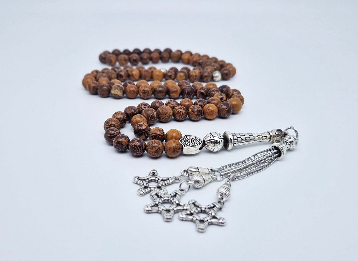 Handgemaakte tesbih "Tasbih" natuursteen "Jaspis van olifantenhuid" - Aantal kralen 99 - Diameter kralen 8MM - met metaal tassel "Grote sterren" - Een mooi cadeau-idee