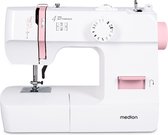 Witte Medion naaimachine met roze accenten, close-up van de naald en steekkeuzeschijf.