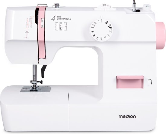 Witte Medion naaimachine met roze accenten, close-up van de naald en steekkeuzeschijf.