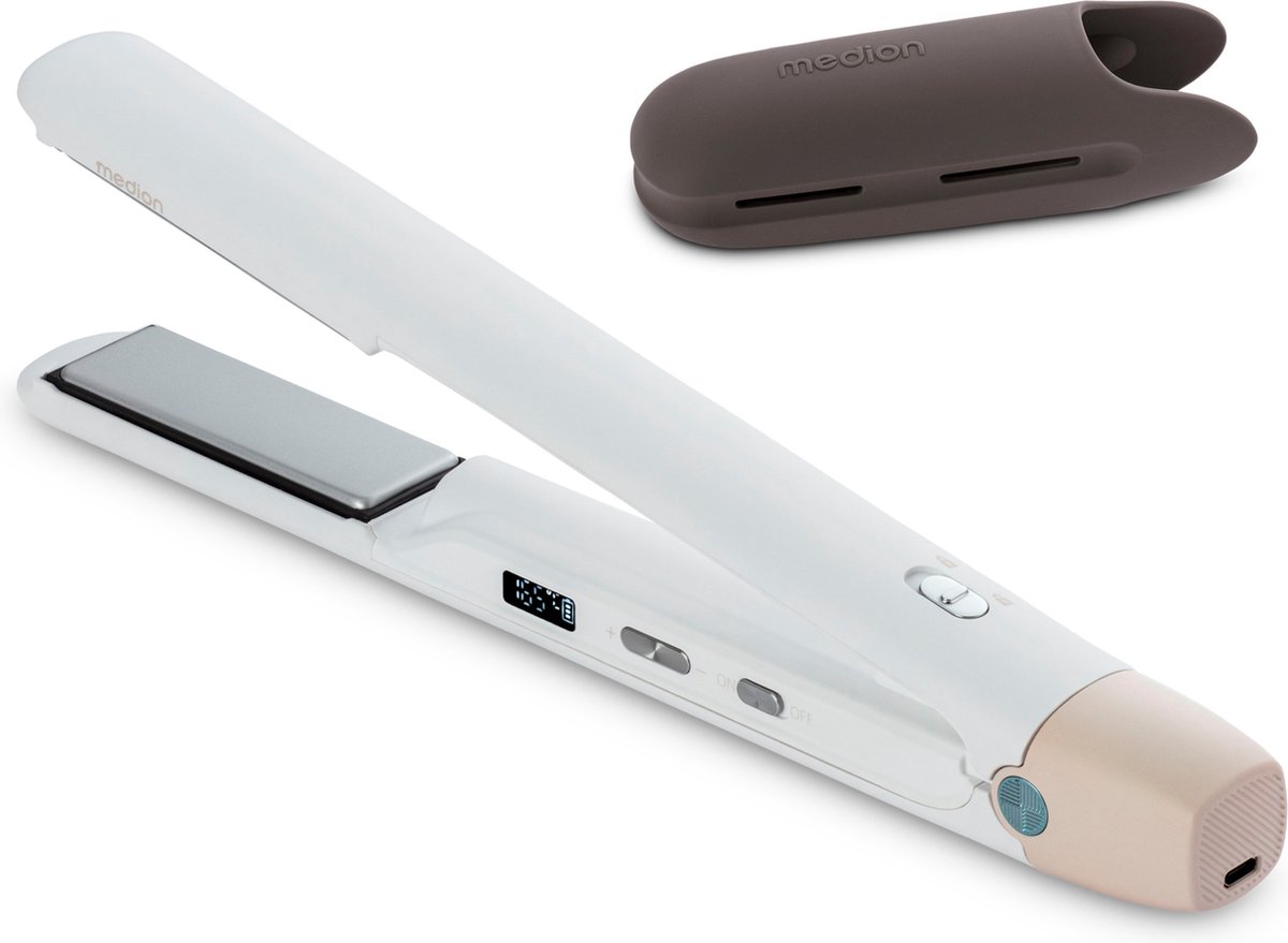 MEDION HS2 Snoerloze stijltang met display (temperatuur- en batterij-indicator, 5 instelbare warmtestanden, flexibele keramische/tourmaline verwarmingsplaten met temperatuursensor, stijltang) wit