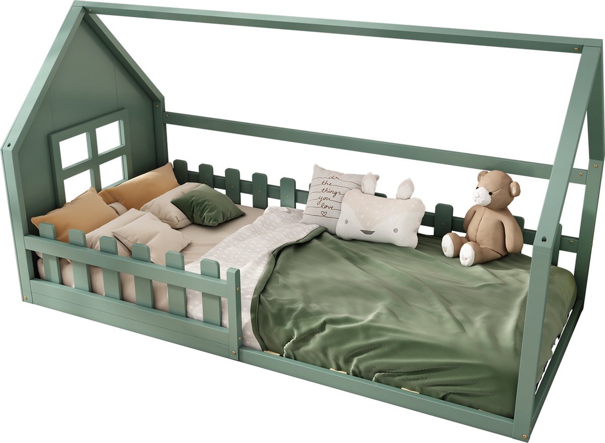Merax 90*200cm Flachbett, Kinderbett, Hausleiste, Grün