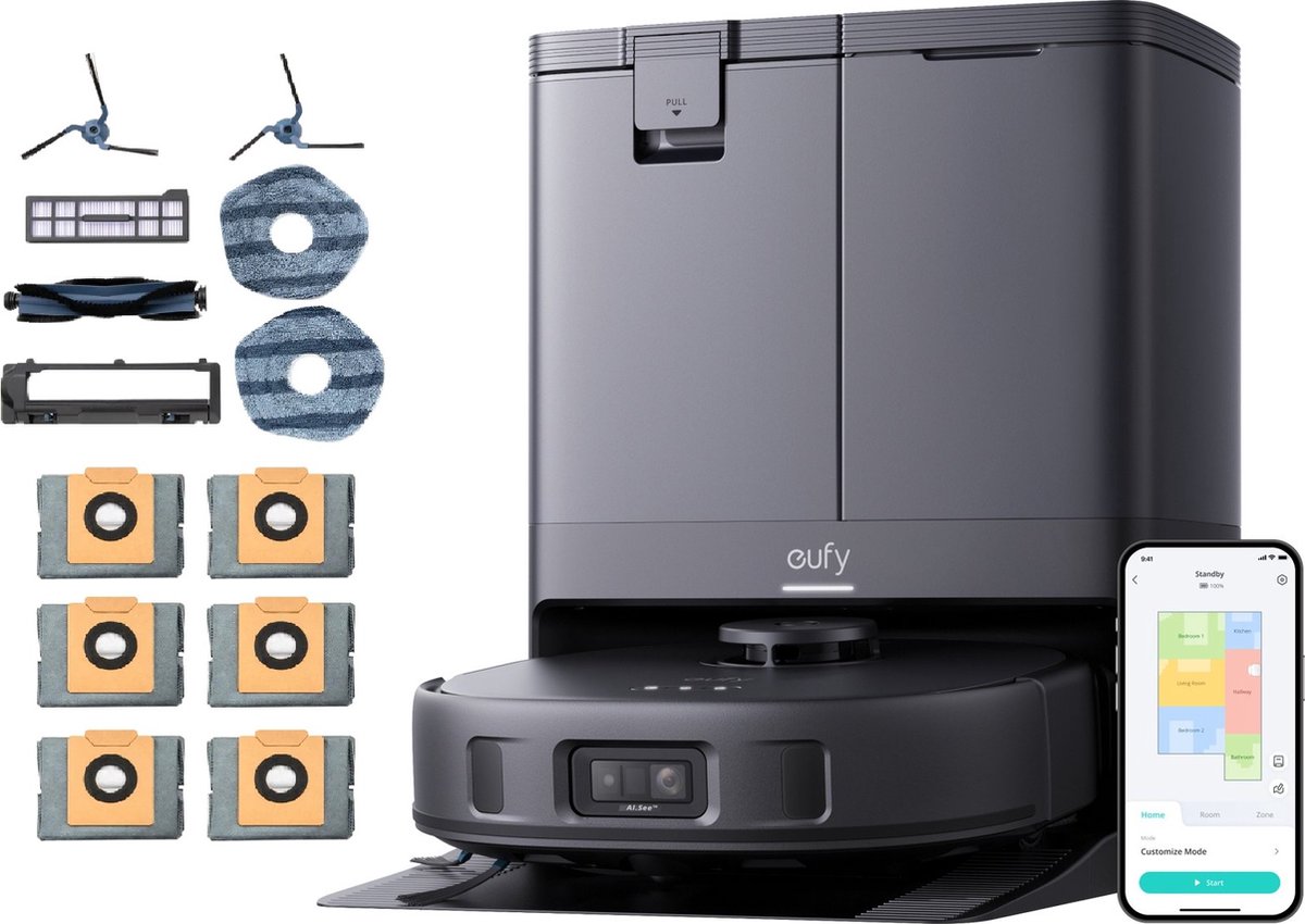 eufy X10 Pro Omni Complete robotstofzuiger met dweil en Vervangingssets- Robot Vacuum 8000 Pa zuigkracht, tapijt detectie AI-obstakel vermijding, wast en droogt de dweil, automatisch legen en vullen