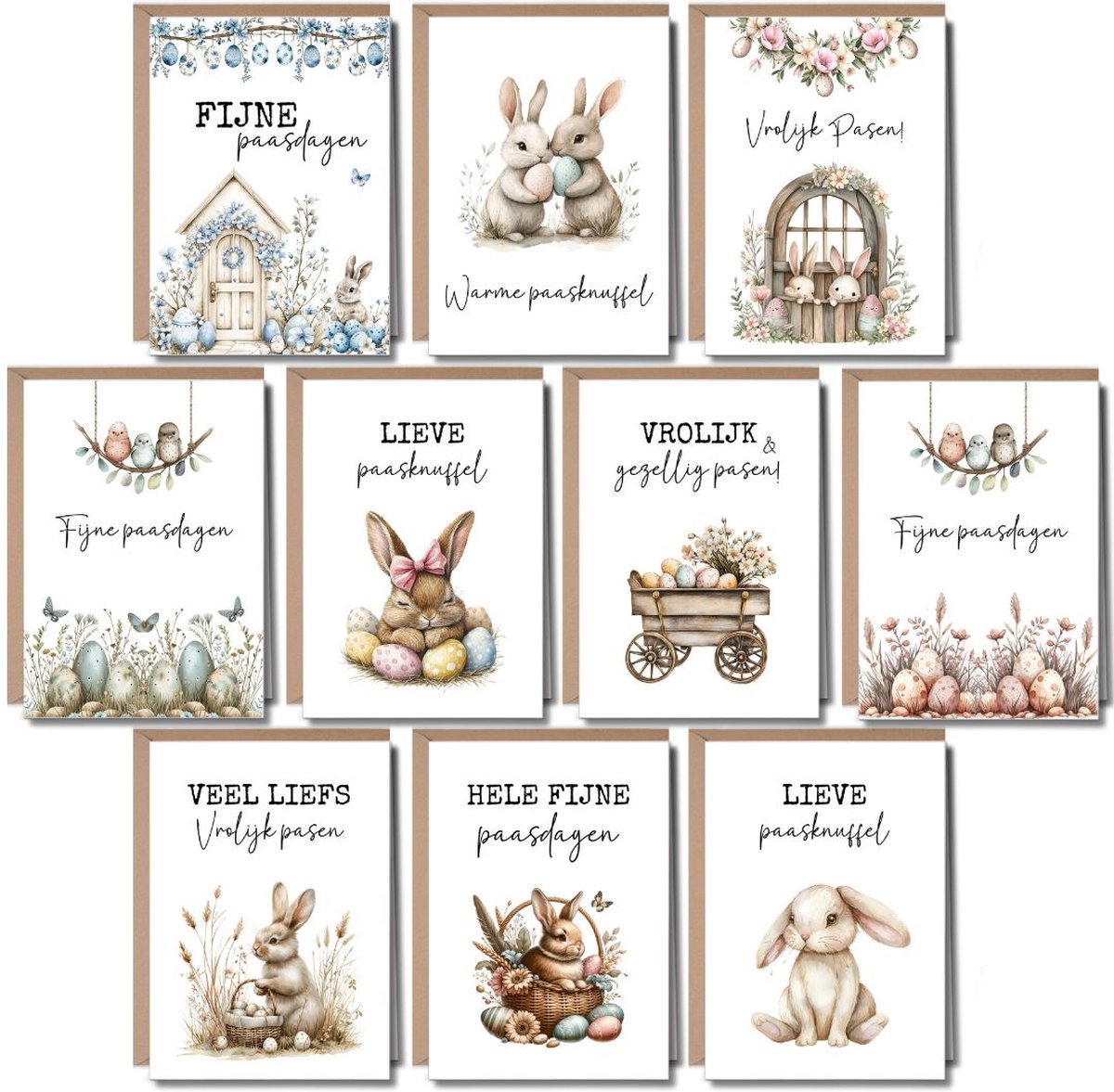Luxe Paaskaarten Set - 10 Wenskaarten met Enveloppen - Vrolijk Pasen - A6 - Blanco - Paaskaartjes - Klassiek