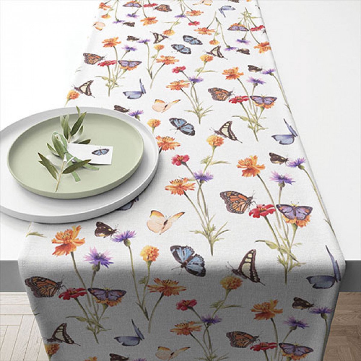 tafelloper-butterfly garden-katoen-40 x 150 cm-table runner-wasbaar-vlinders-bloemen