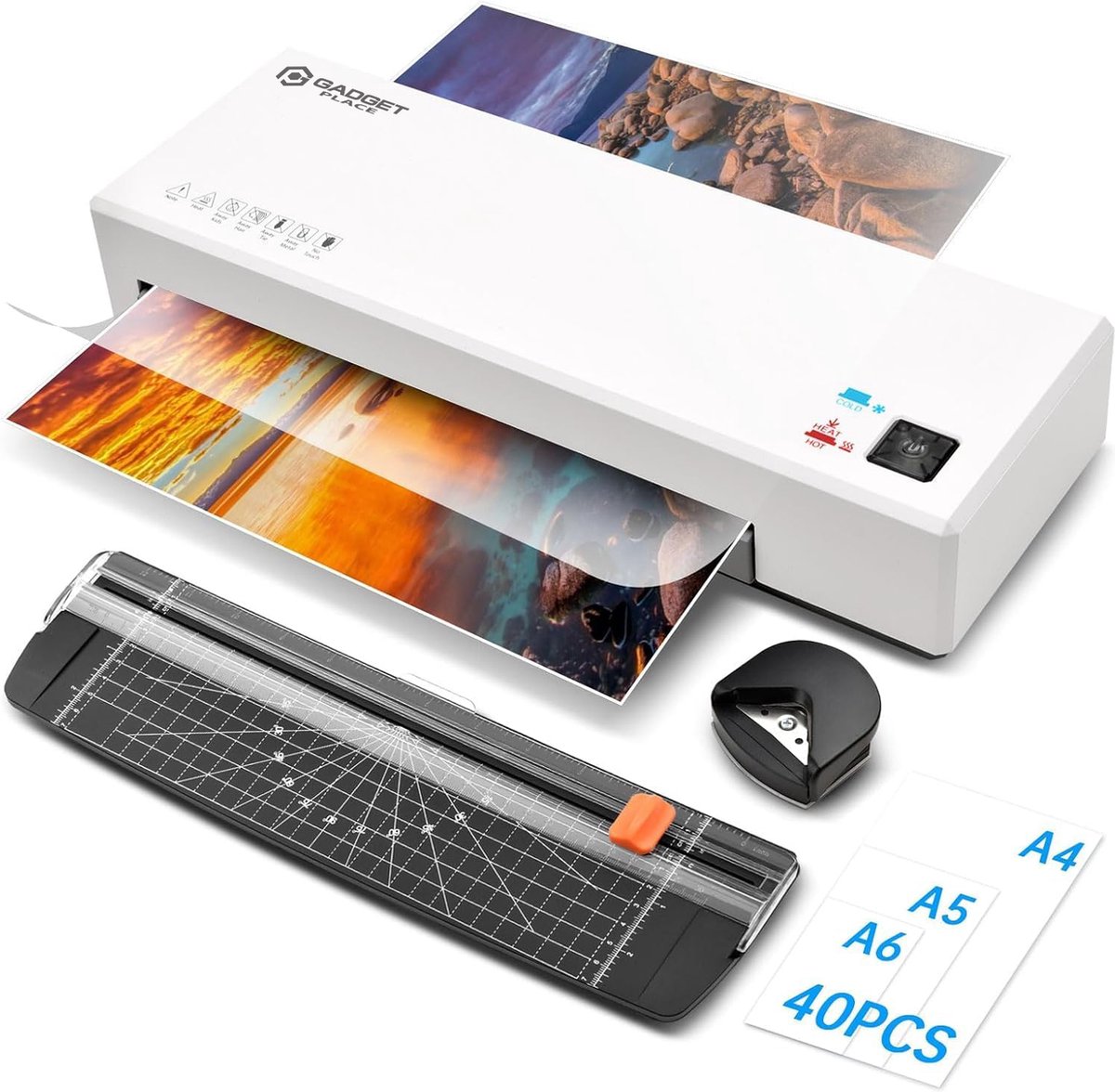 Gadgetplace Lamineerapparaat A4 met 40 Lamineerhoezen - Warm & Koud - Hoeksnijder - Lamineermachines - Plastificeerapparaat - Lamineer - Laminator