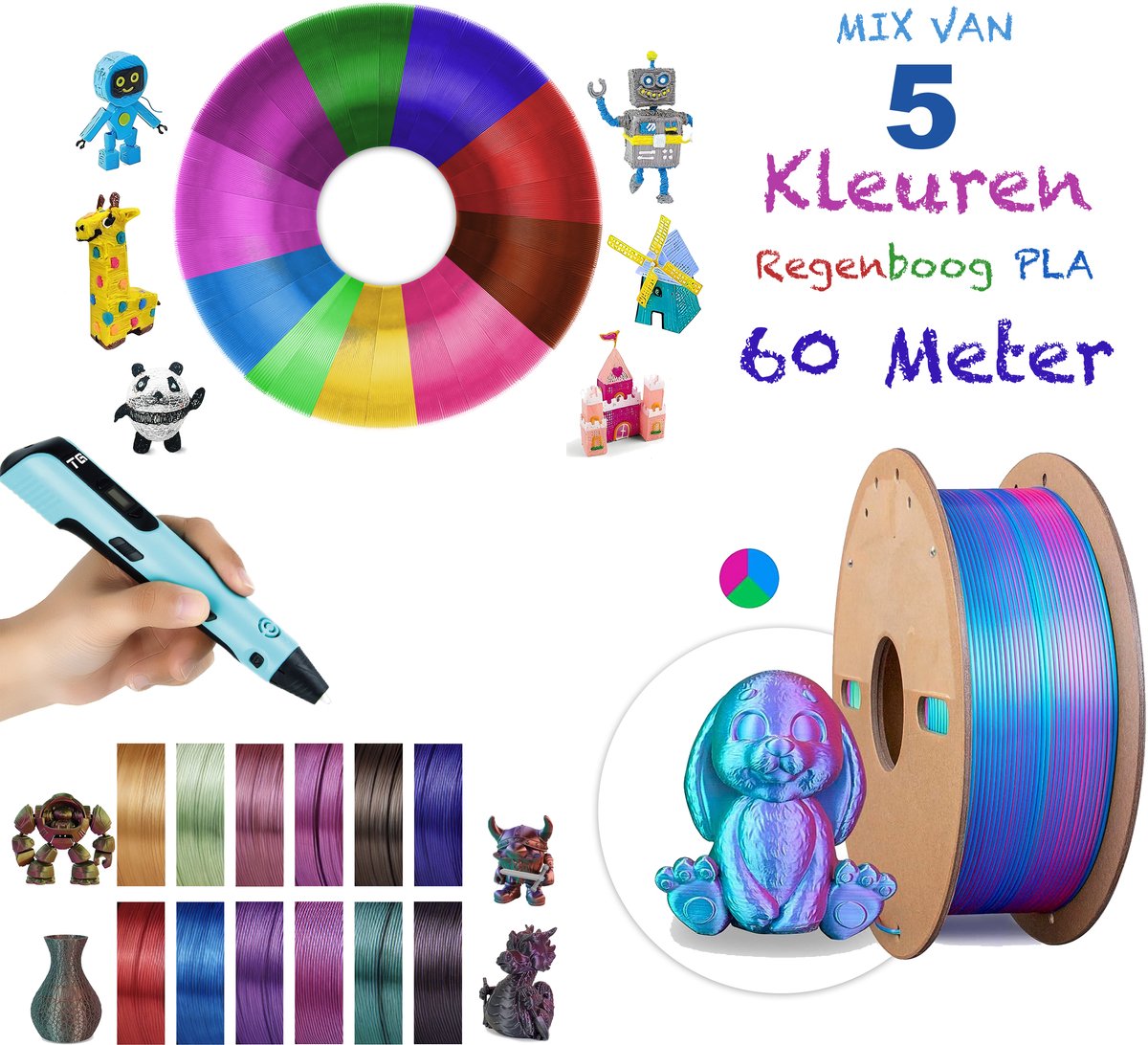 3D pen vullingen - Tri Color Glanzend PLA Filament - 5 Regenboog kleuren Vulling - 60 meter - 1,75mm - 3 kleuren in één vulling - Navulling 3D Pen Hervulling biologisch afbreekbaar PLA - Universeel Geschikt voor alle 3D pennen