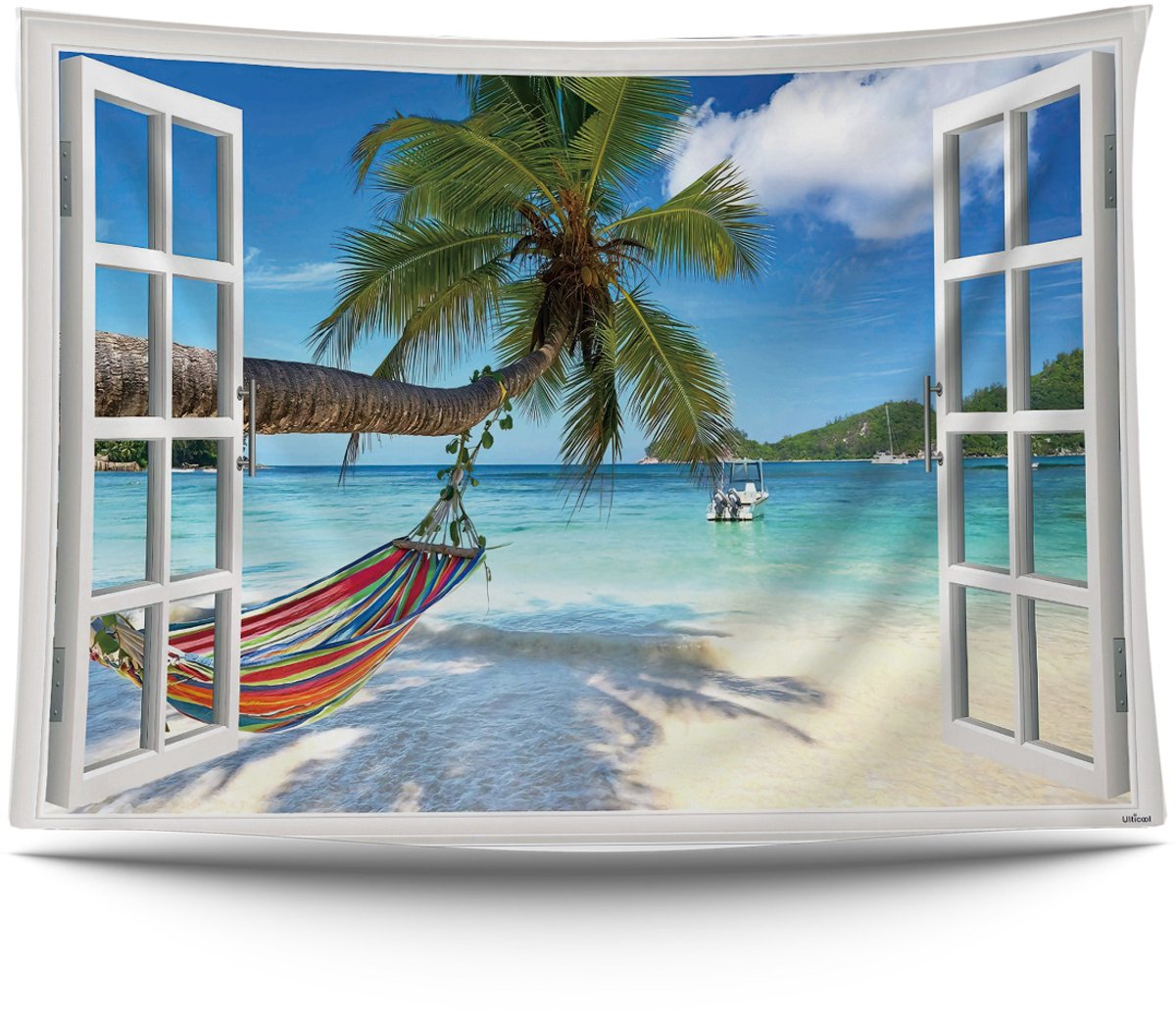 Ulticool Wandkleed 200x150 cm – Natuur Zee Strand – Inclusief Bevestigingspinnen - Tuinposter doorkijk - Poster Wandtapijt Tapestry - voor Binnen en Buiten - Vrouw / Man