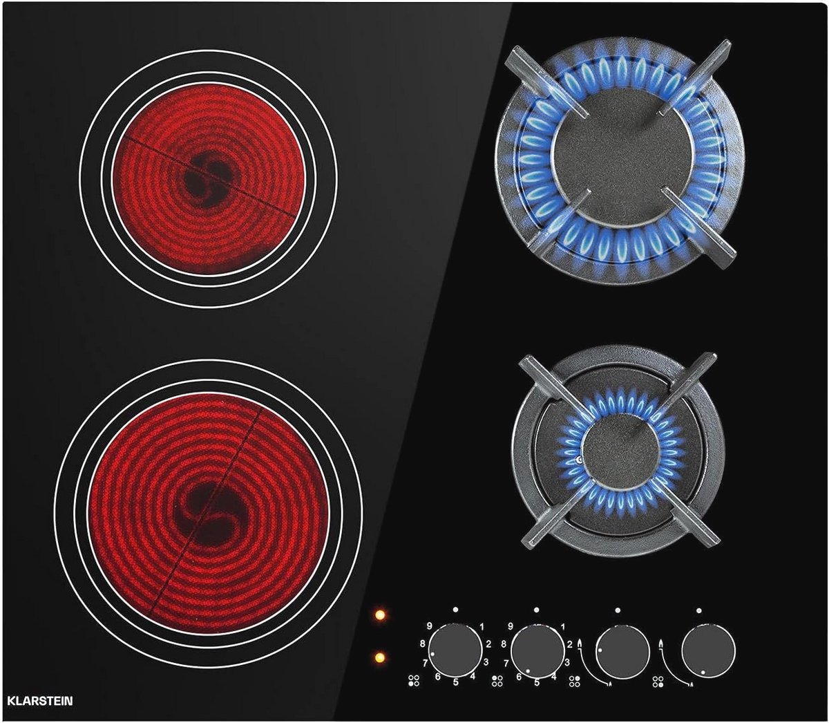 Combi Gaskookplaat met Glaskeramische Kookzone Inbouw voor Aardgas Propaangas 4-pits Gietijzeren Pannendragers Zwart