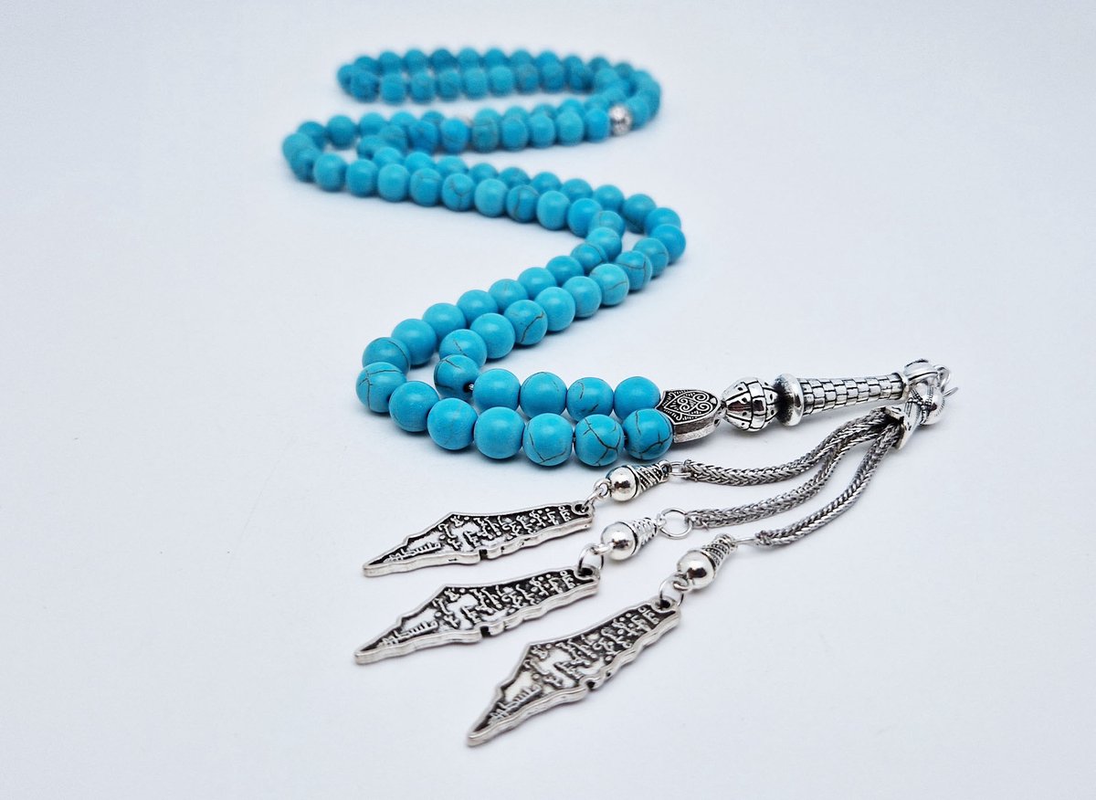 Handgemaakte tesbih "Tasbih" natuursteen "Turkoois" - Aantal kralen 99 - Diameter kralen 8MM - met metaal tassel "Palestina" - Een mooi cadeau-idee