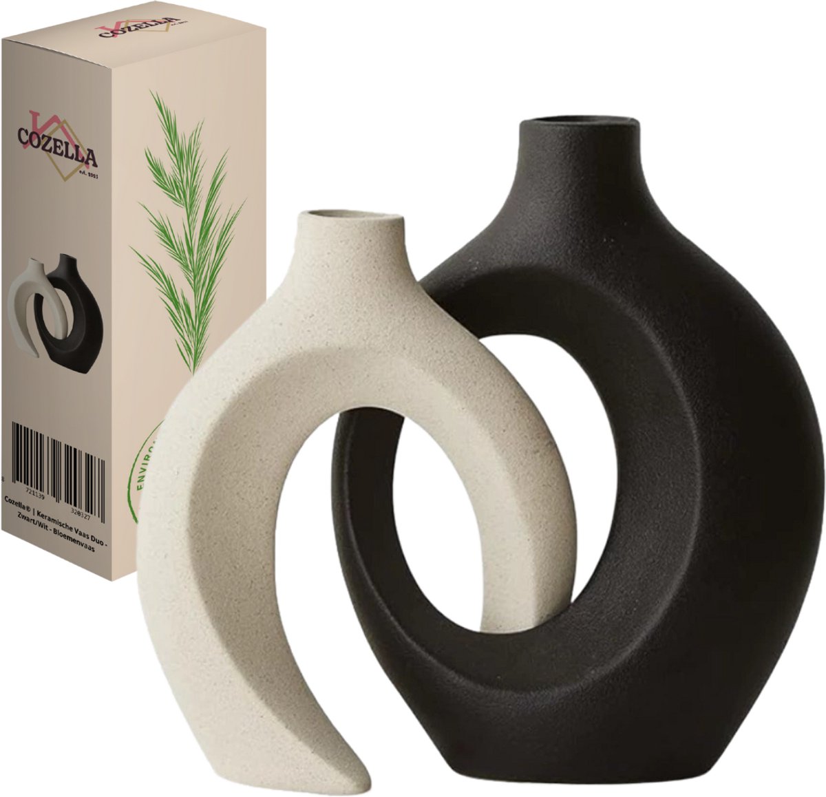 COZELLA® Vaas Duo – Bloemenvaas Keramische Vaas Set – Decoratieve Vaas – Wit/Zwart