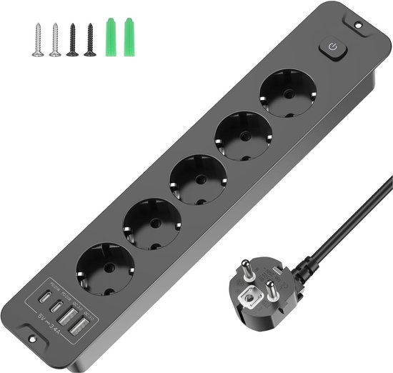 StayPowered Inbouwstopcontact - Laad Tot 9 Apparaten Tegelijk - 2 USB-A + 2 USB-C - 5 AC Stopcontacten - Snelladen tot 3840W - 2 Meter Kabel - Eenvoudige Inbouw - Veilig & Duurzaam - Zwart - Levering Sneller dan Aangegeven!