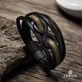 Leerella Leren Unisex Armband Zwart met Olijfgroen met Infinity-Symbool – Stijlvol, Tijdloos en Betekenisvol - 21 cm