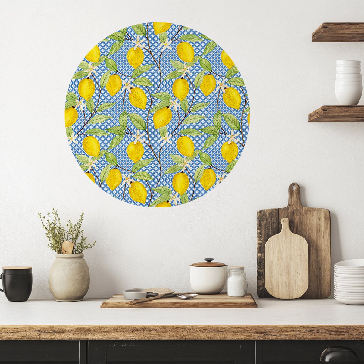 Behangcirkel - Wanddecoratie keuken - citroen decoratie - 90 cm - Mediterraans - Zomer - Zelfklevende muurdecoratie - Moederdag cadeau voor mama