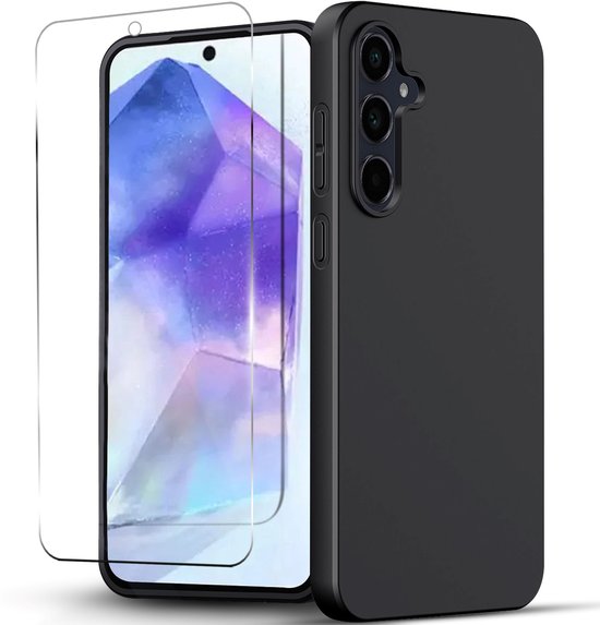 Zwart telefoonhoesje voor Samsung A55 met transparante screenprotector.