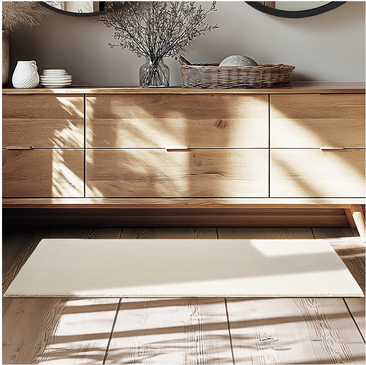 tectake® Kortpolig Vloerkleed -60 x 110 cm - Beige - 1630 g/m² Poolgewicht - Tapijt voor Woonkamer, Slaapkamer, Eetkamer - Onderhoudsvriendelijk en Wasbaar - Antislip Ondertapijt - Allergievriendelijk - Diverse maten en kleuren