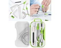 WiseGoods Ensemble scolaire de mathématiques Premium 10 en 1 - Compas - Équerre - Règle - Crayon - Gomme - Fournitures scolaires collège - Vert
