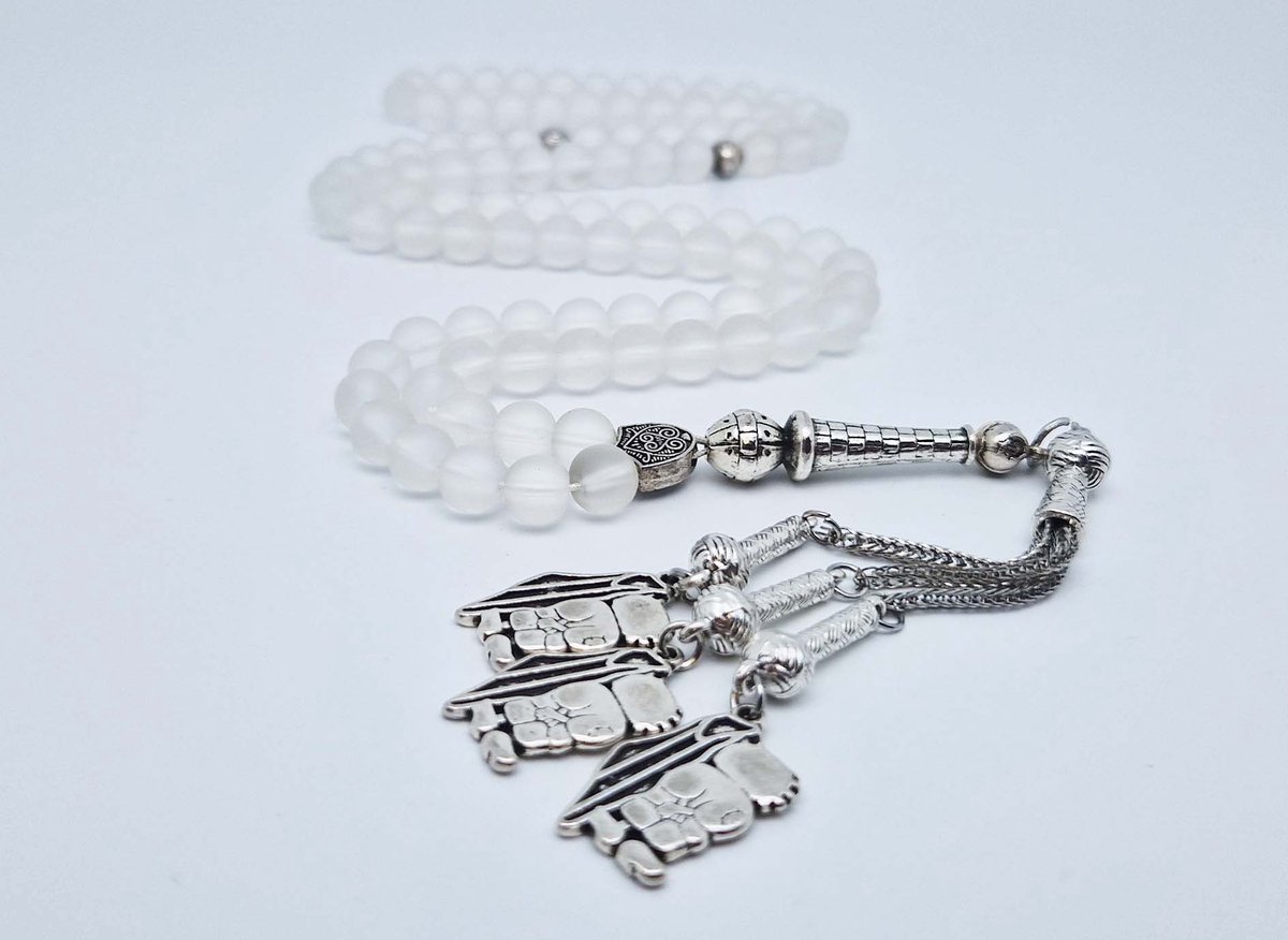 Handgemaakte tesbih "Tasbih" natuursteen "Selenite" - Aantal kralen 99 - Diameter kralen 8MM - met metaal tassel "Hanzala" - Een mooi cadeau-idee