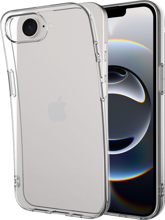 Transparante, flexibele hoes voor iPhone 16e, getoond op een zwarte achtergrond.