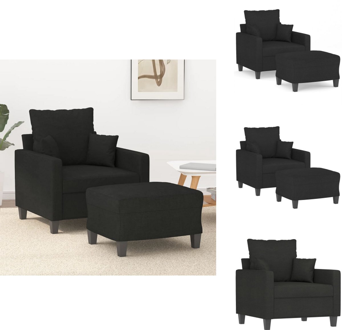 vidaXL Fauteuil - met - voetenbank - 60 - cm - stof - zwart