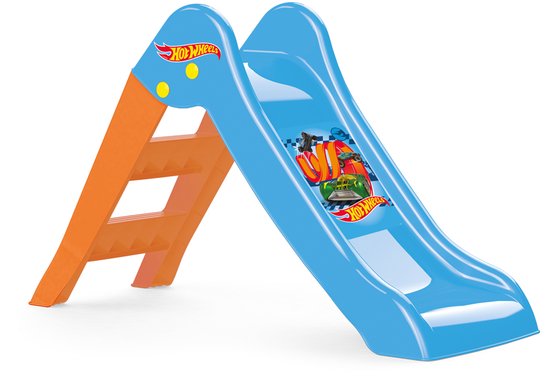 Blauwe en oranje Hot Wheels glijbaan met Hot Wheels auto sticker.