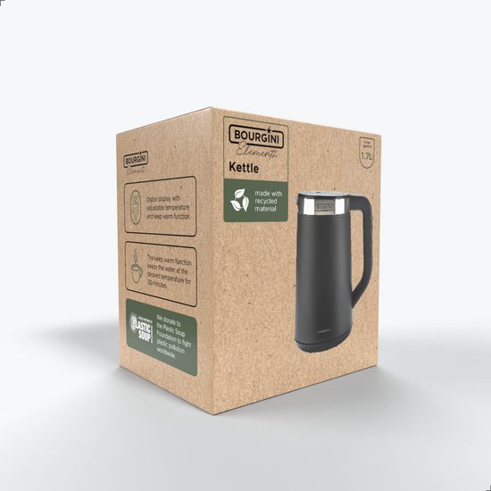 Bourgini Elements - Bouilloire numérique - Zwart - Capacité de 1,7 litre - Production plus durable