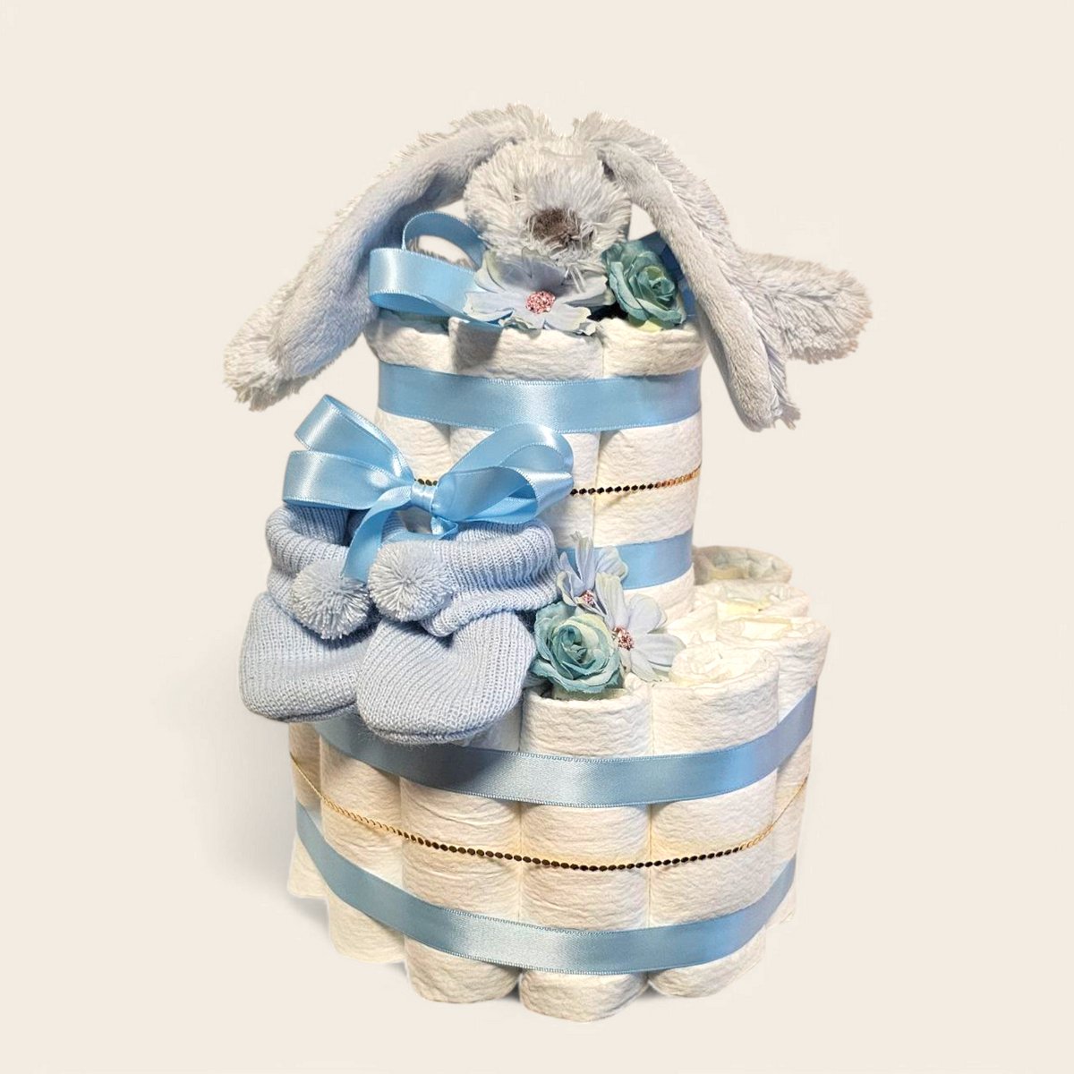 Luiertaart 2-Laags blauw met Happy Horse Richie Knuffeldoekje blauw – Perfect als Kraamcadeau!