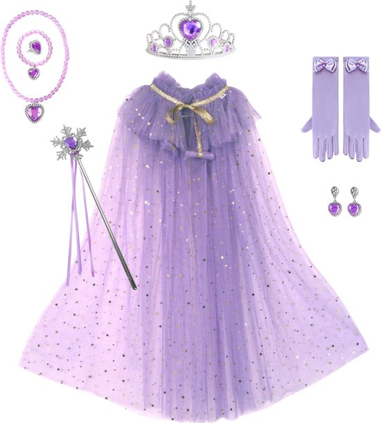 Joya Kids® Verkleedcape met Accessoires Paars | Prinsessencape | Cape Set | prinses jurk | Unicorn | Meisje Verkleedset | Carnvalskleding Meisjes | Met Kroon, Staf, Handschoenen en Sieradenset