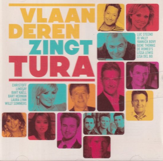 CD-hoes met de titel 'Vlaanderen Zingt Tura', met foto's van verschillende Vlaamse artiesten.