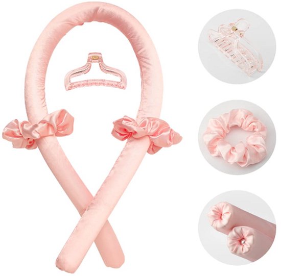 Roze satijnen lint voor hittevrije krullen, met een transparante haarklem en scrunchies.