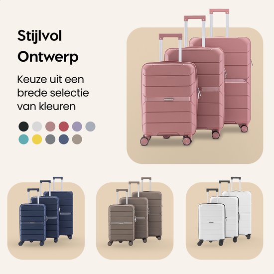 Drie roze koffers plus afbeeldingen van sets in het blauw, bruin en wit.