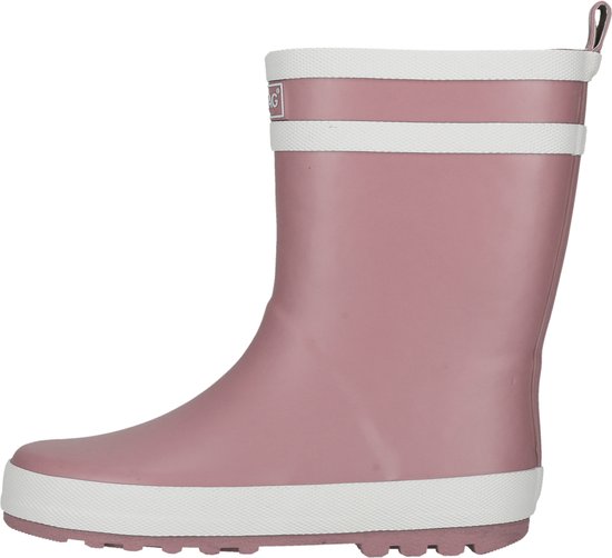 Roze regenlaars met witte randen en witte strepen, ZIGZAG logo.