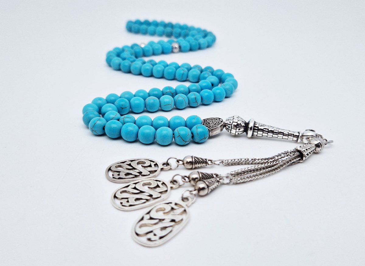 Handgemaakte tesbih "Tasbih" natuursteen "Turkoois" - Aantal kralen 99 - Diameter kralen 8MM - met metaal tassel "Yarab" - Een mooi cadeau-idee