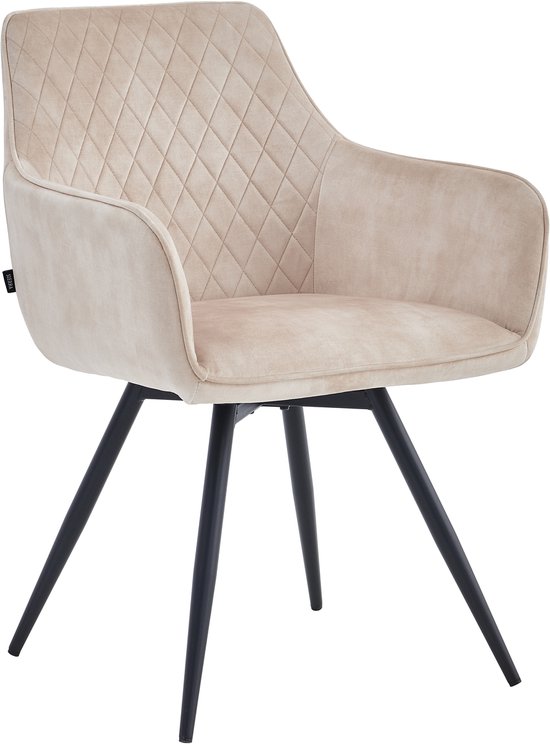 Beige Adoré Velvet eetkamerstoel met ruitpatroon, zwarte draaipoot.