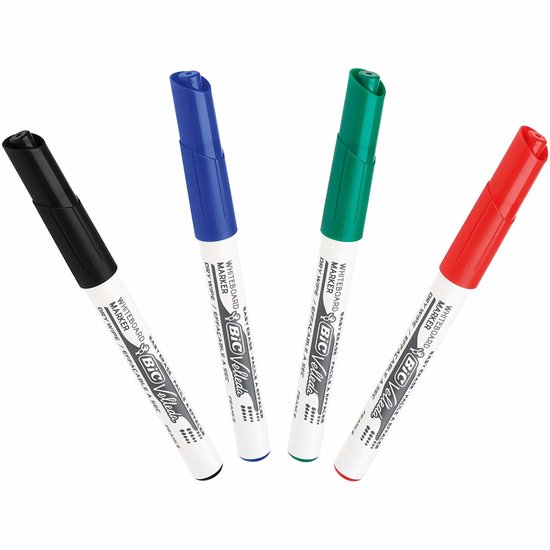 Quatre marqueurs BIC Velleda : noir, bleu, vert et rouge, corps blanc et inscription noire.