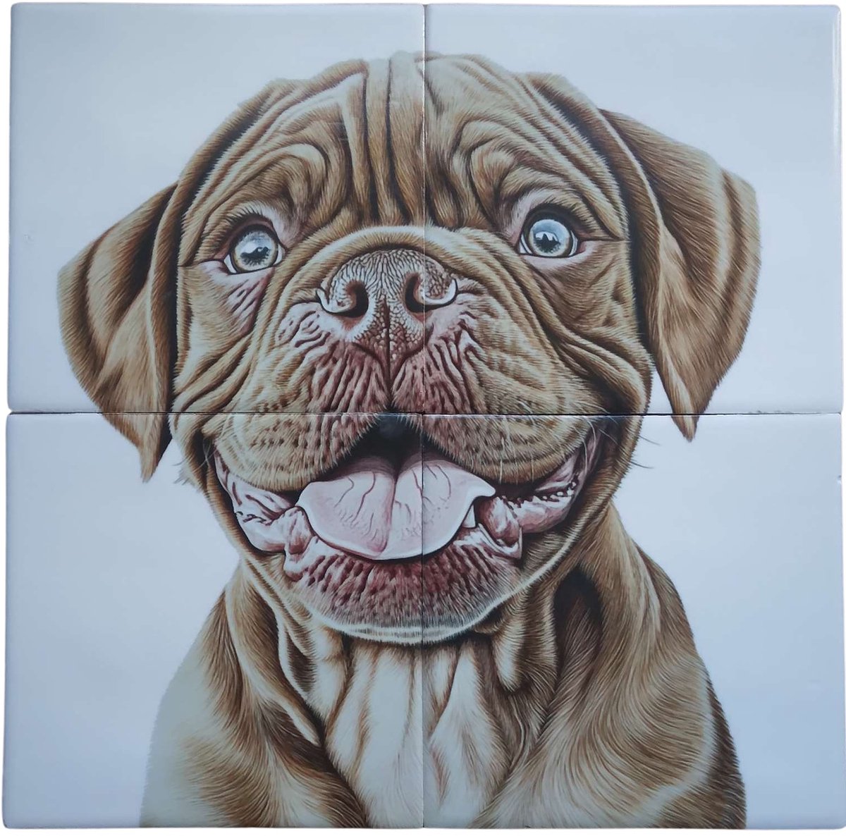 MadDeco Nederlands fabrikaat Bordeauxdog pup op plateau van 4 tegels Friese Witjes 13 x 13 cm per tegel