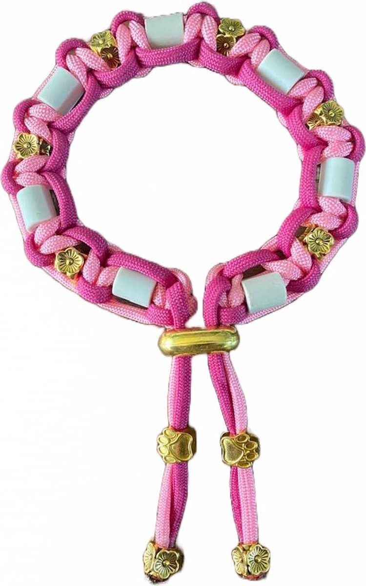 Anti-tekenband hond - Lady 30 - lengte 30 cm - nekomvang vanaf 29 tot en met 34 cm - werkt ook tegen vlooien - originele EM-X kralen lichtgrijs - maat M - roze - met kleine goudkleurige bloemen