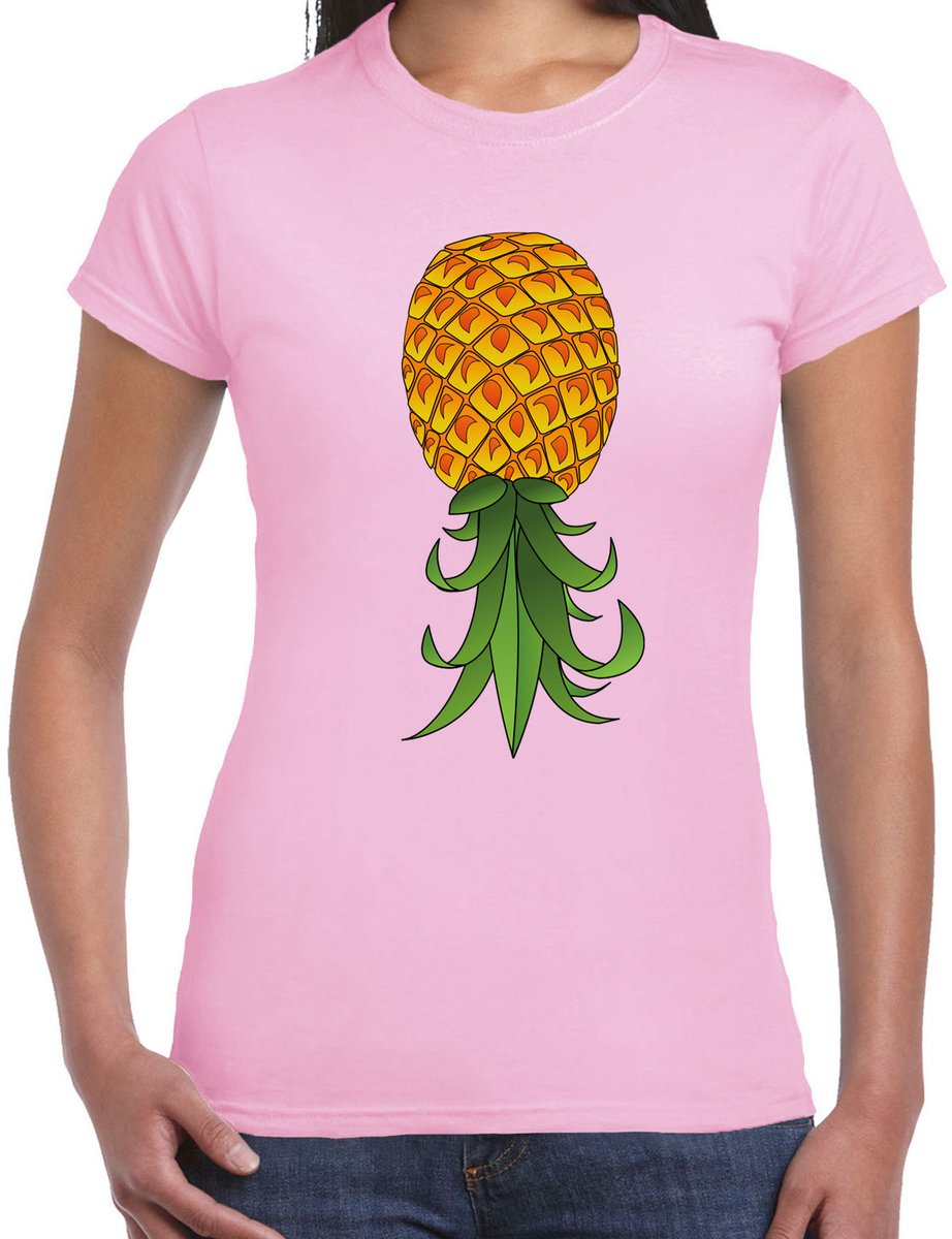 Bellatio Decorations Verkleed T-shirt dames - roze - omgekeerde ananas - foute party/themafeest S