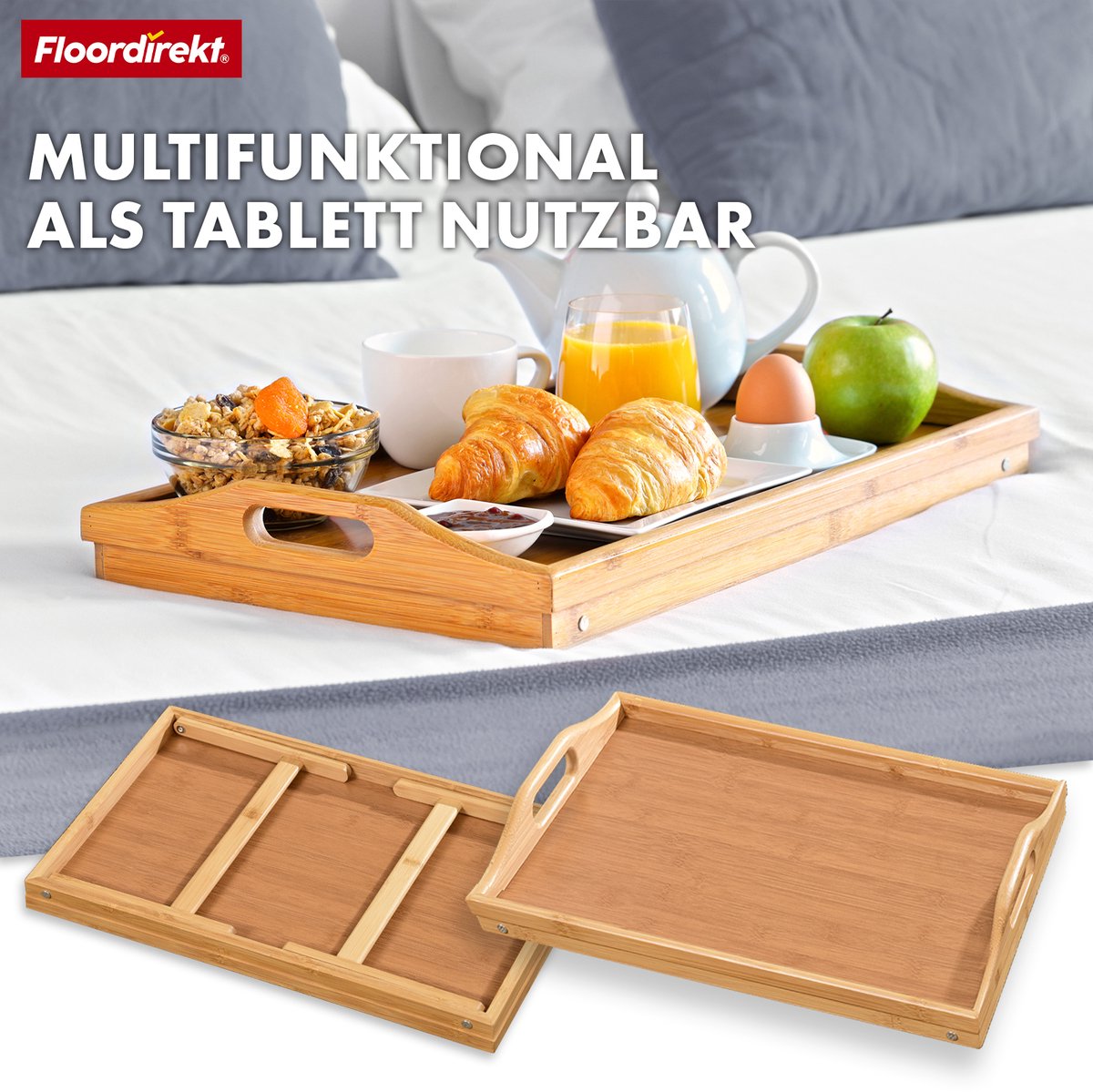 FLOORDIREKT Utah Bed Dienblad - Dienblad met Pootjes - Houten Dienblad - Gemaakt van Bamboe - Ontbijt Dienblad voor Bed - Multifunctioneel Opvouwbaar - 50 x 30 x 23 cm — cadeau in Koken & Dineren - foto 7